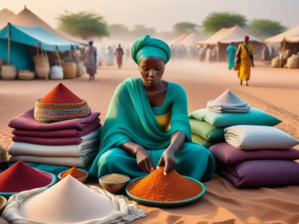 Un vibrante mercado en el Sahel, donde se comercia Sal bajo el sol ardiente