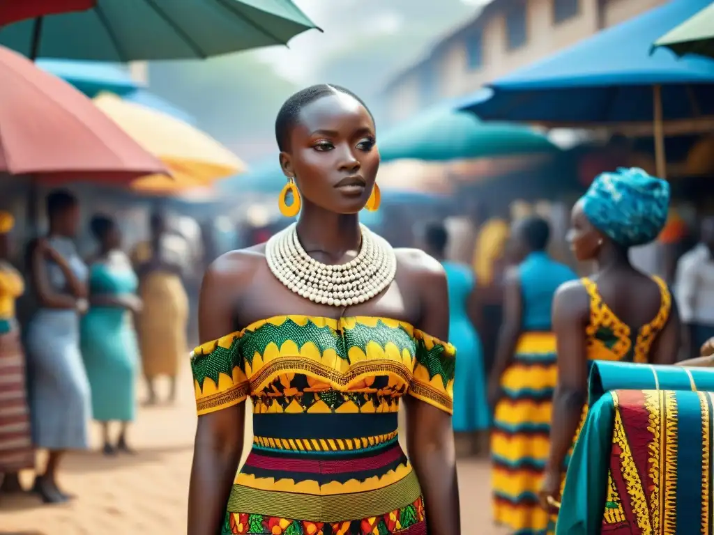 Vibrante mercado en Accra, Ghana, con telas africanas tradicionales como kente y Ankara