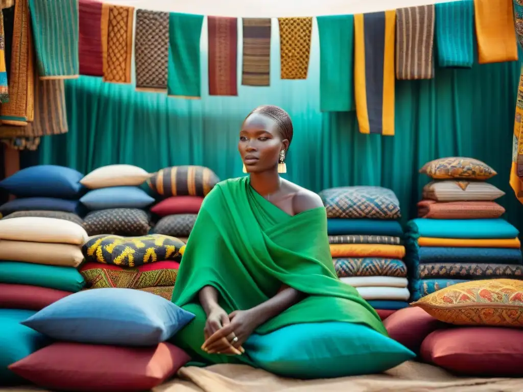 Vibrante mercado textil tradicional en Mali con colores y detalles, reflejando la historia y la independencia moderna del imperio Mali