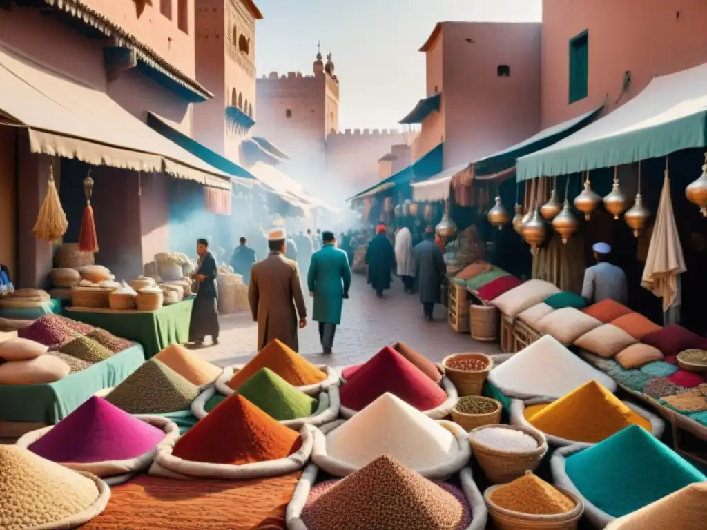 Un vibrante mercado en Marrakech, Marruecos, con textiles coloridos, especias y artesanías