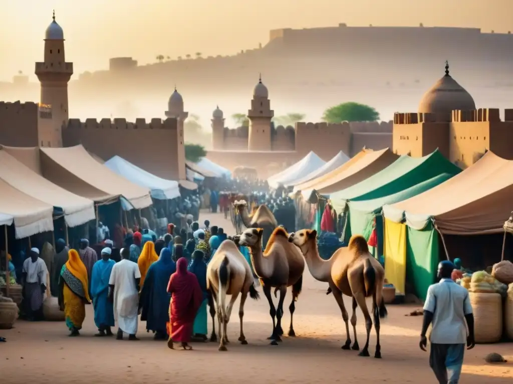 Vibrante mercado en Timbuktu durante el apogeo del Imperio Songhai, reflejando la diversidad cultural de África Occidental en la historia islámica