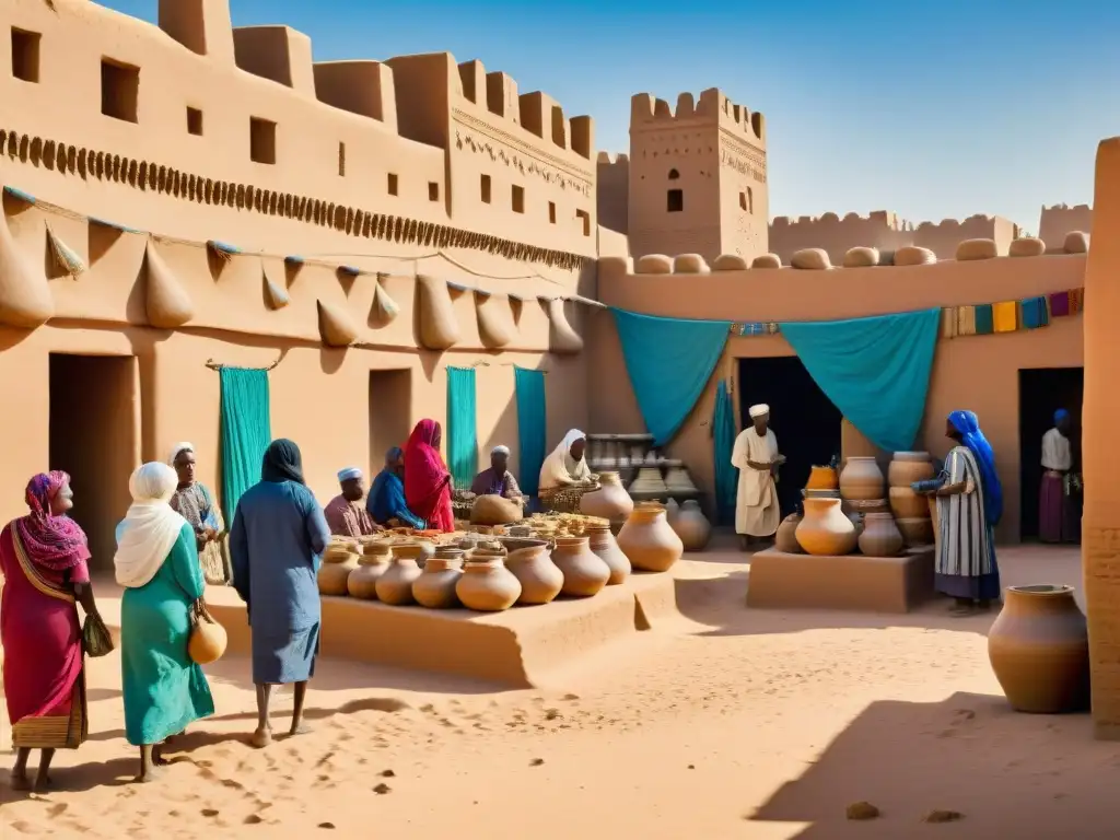 Vibrante mercado en Timbuktu con civilizaciones africanas intercambiando bienes, joyas y cerámica