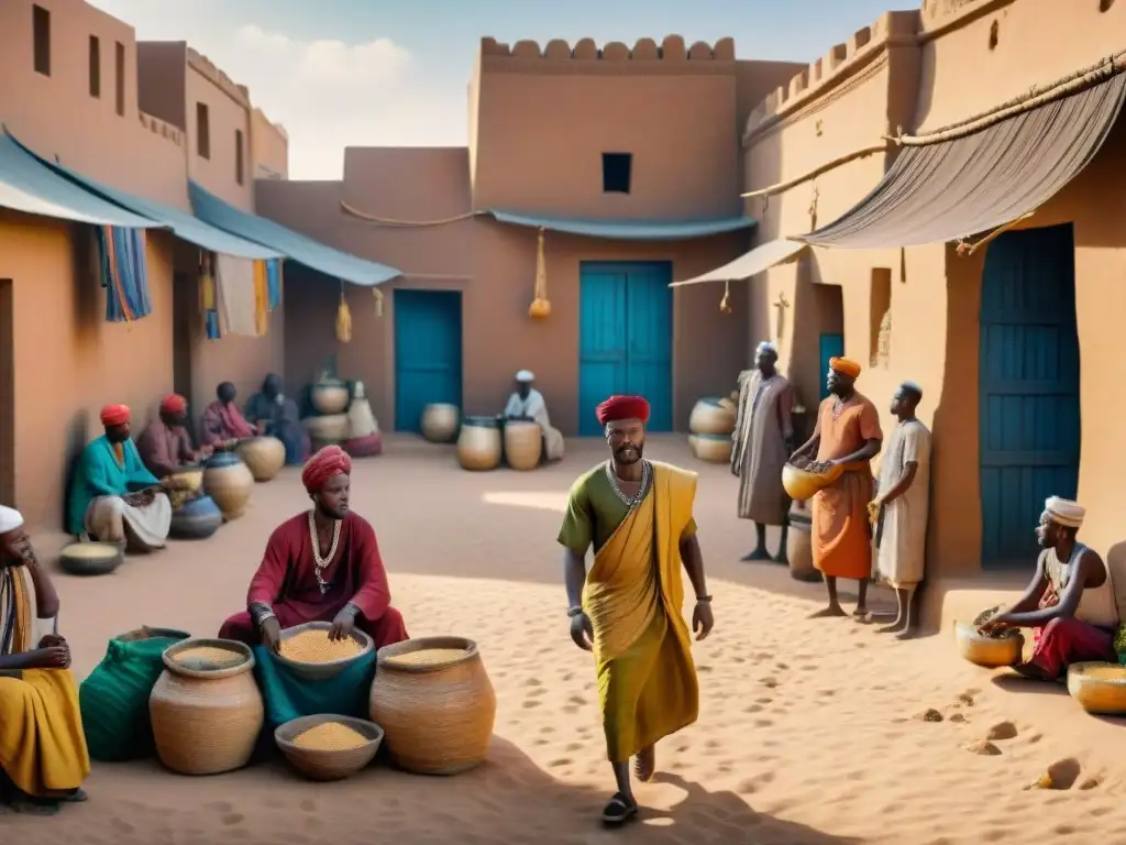 Vibrante mercado en Timbuktu con comerciantes africanos negociando, reflejando la importancia de civilizaciones africanas en globalización