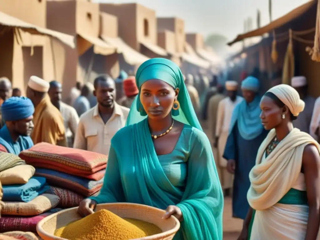 Vibrante mercado en Timbuktu durante el imperio maliense, simbolizando la Importancia civilizaciones africanas en globalización