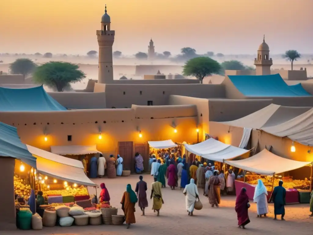 Vibrante mercado en Timbuktu bajo la expansión del islam en África, con diversidad cultural y comercio animado