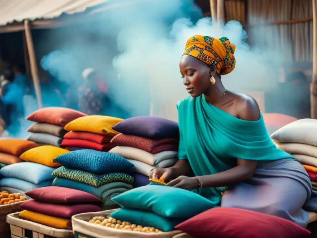 Un vibrante mercado en África con tinturas africanas moda paleta mundial