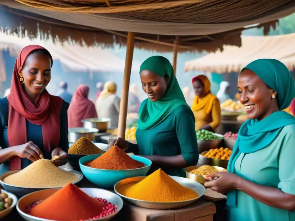 Un vibrante mercado tradicional en el Cuerno de África, mujeres locales discuten recetas con pasión bajo el sol poniente