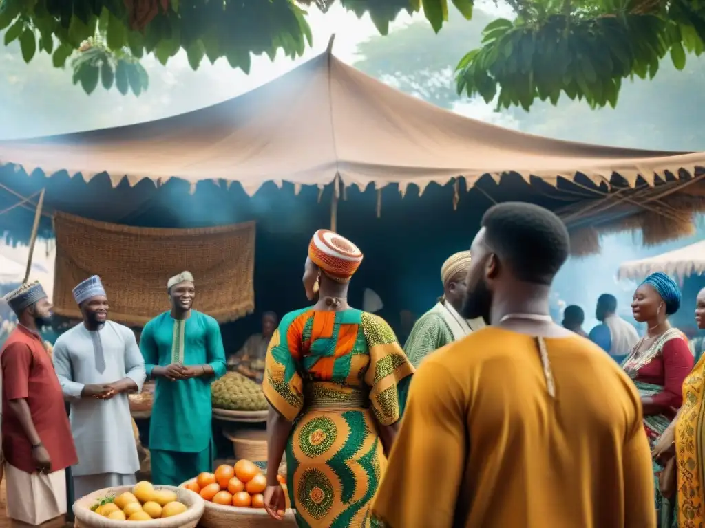 Un vibrante mercado tradicional nigeriano muestra la diversidad africana en una escena de unidad entre culturas