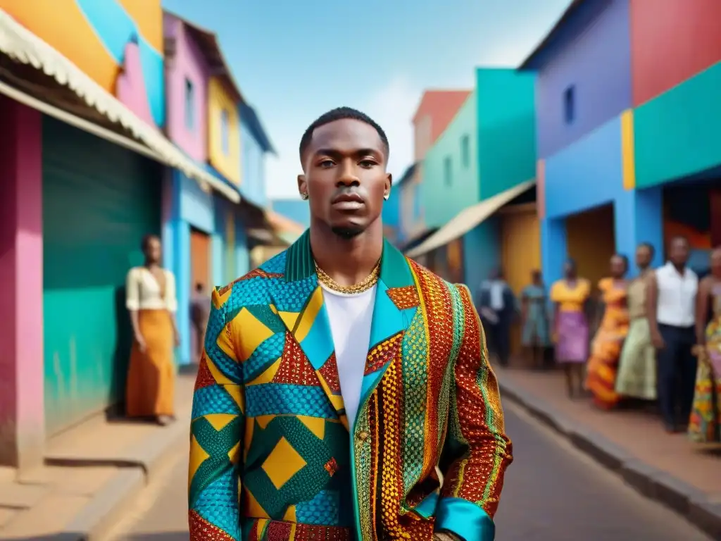 Fotografía urbana vibrante con moda que fusiona influencia africana en patrones y colores