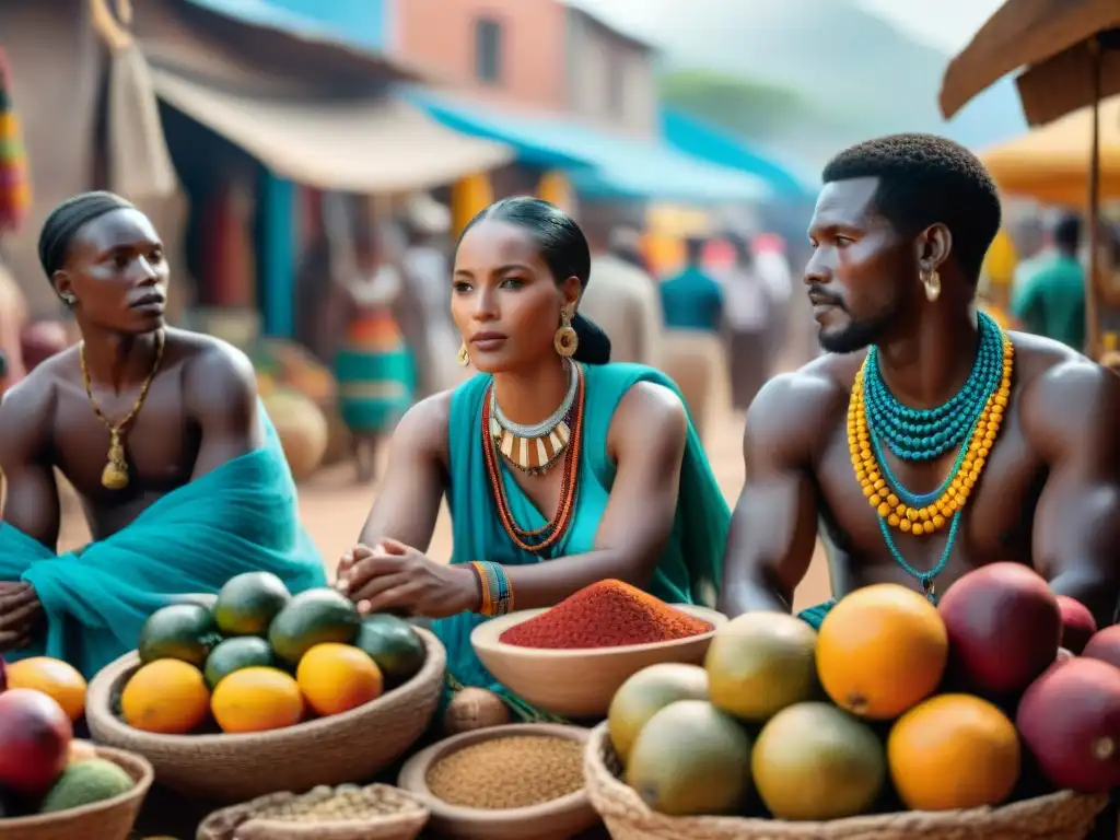 Un vibrante mosaico lingüístico del Cuerno de África: comunidad diversa conversando en un bullicioso mercado lleno de colores y tradiciones