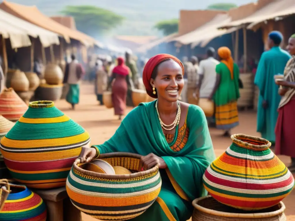 Un vibrante mosaico lingüístico del Cuerno de África: gente animada en un bullicioso mercado con coloridos atuendos y cestas tejidas