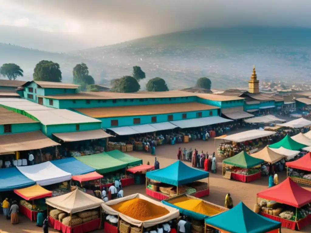 Un vibrante mosaico lingüístico del Cuerno de África en un bullicioso mercado de Addis Ababa, Etiopía