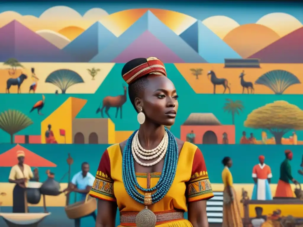 Un vibrante mural africano con influencias coloniales y escenas cotidianas, resalta la riqueza cultural pese al colonialismo en el arte africano