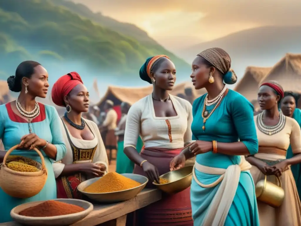 Un vibrante mural africano muestra a mujeres en sistemas económicos africanos, comerciando y trabajando en un bullicioso mercado precolonial