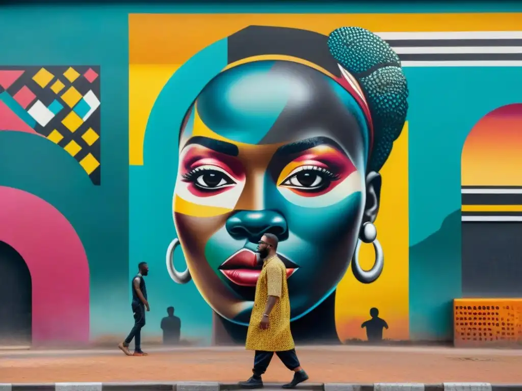 Un vibrante mural africano con patrones geométricos, símbolos tradicionales y colores vibrantes, celebra el Arte urbano contemporáneo en África