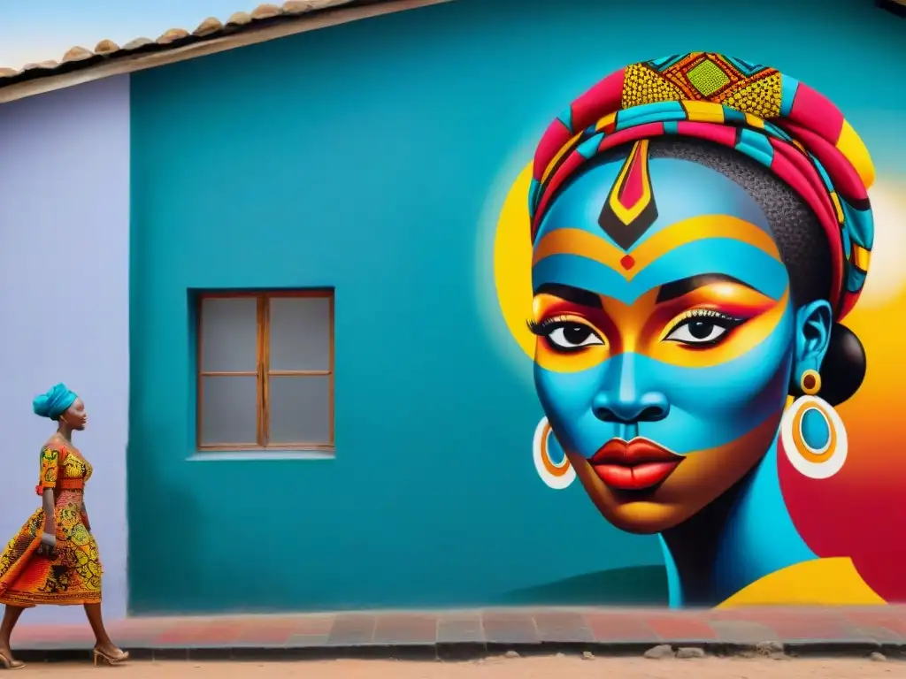 Vibrante mural de arte africano contemporáneo fusionando tradición en una ciudad africana