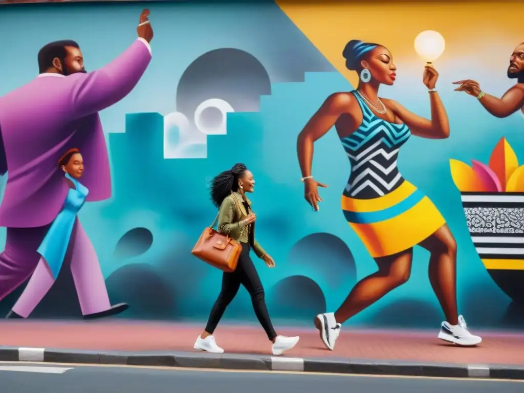 Un vibrante mural de arte callejero en una bulliciosa ciudad africana, fusionando motivos tradicionales africanos con técnicas artísticas modernas