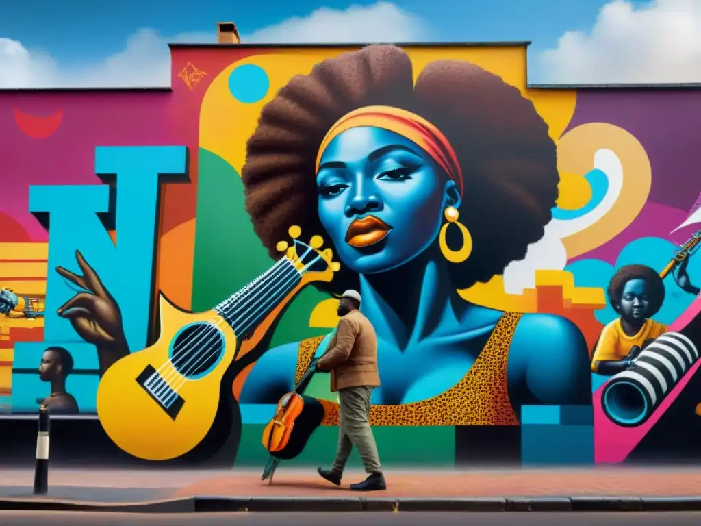 Un vibrante mural de arte callejero en una bulliciosa ciudad africana, fusionando símbolos culturales con instrumentos musicales y notas