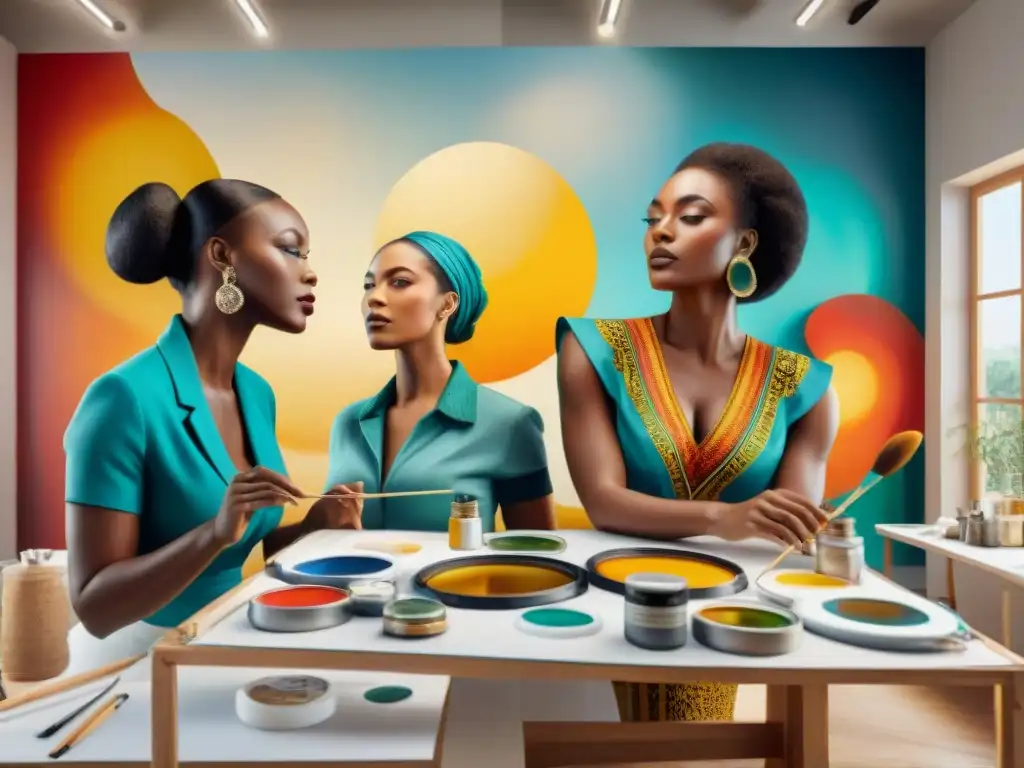 Un vibrante mural de artistas africanas que cambiaron historia, pintando juntas en un estudio lleno de color y creatividad