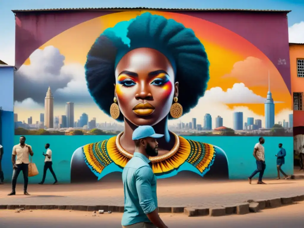 Un vibrante mural de artistas africanos colaborando en una obra de arte urbano en las bulliciosas calles de Lagos, Nigeria