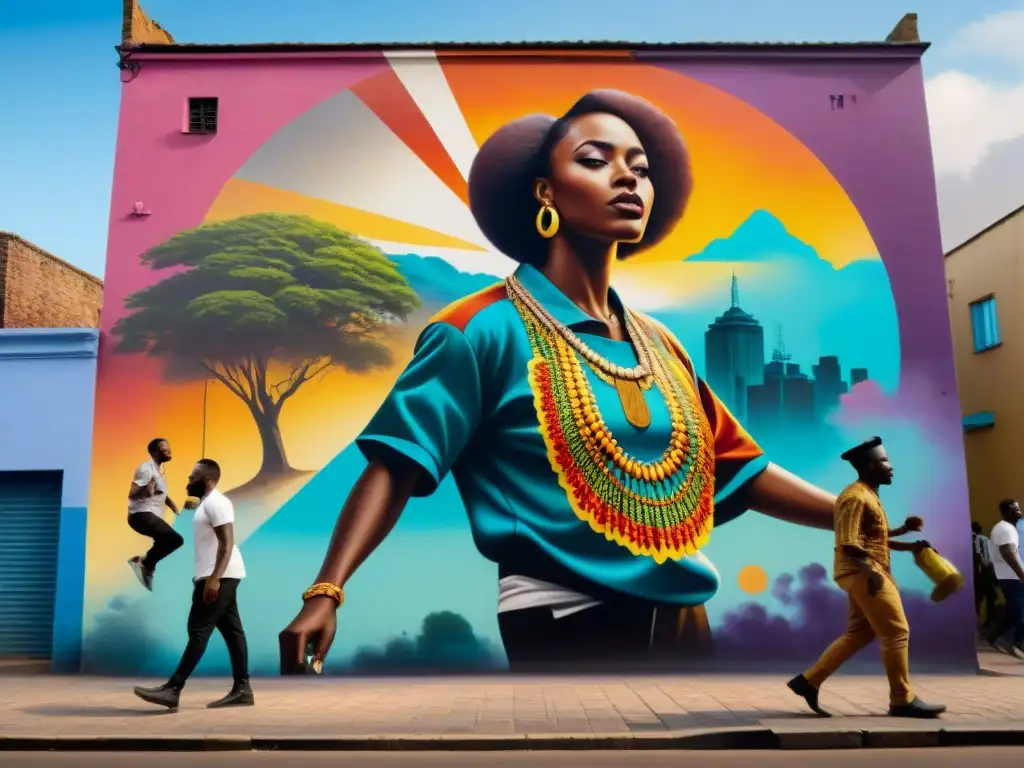 Un vibrante mural callejero africano que fusiona raíces culturales en una danza festiva