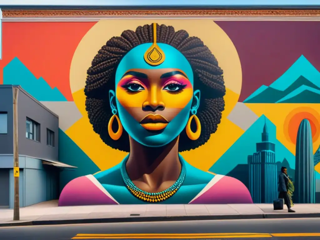 Un vibrante mural callejero fusiona símbolos africanos con elementos modernos, reflejando la evolución del simbolismo africano en la diáspora