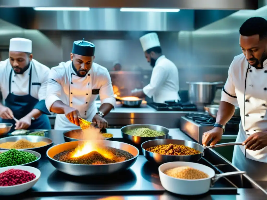 Un vibrante mural de chefs creando sabores ancestrales en una cocina africana contemporánea