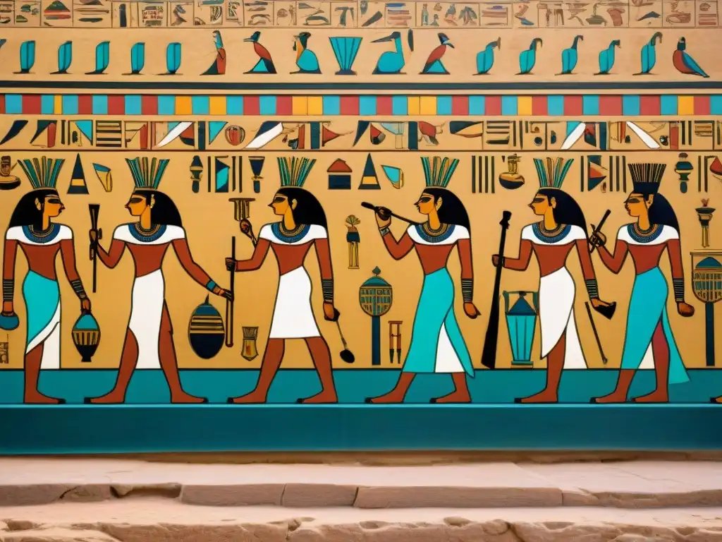 Vibrante mural egipcio muestra danza y música en Egipto, con colores vivos y hieroglíficos