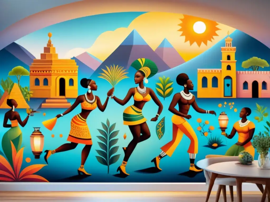 Un vibrante mural de espíritus y humanos en interacción, reflejando el folklore africano en un escenario animado