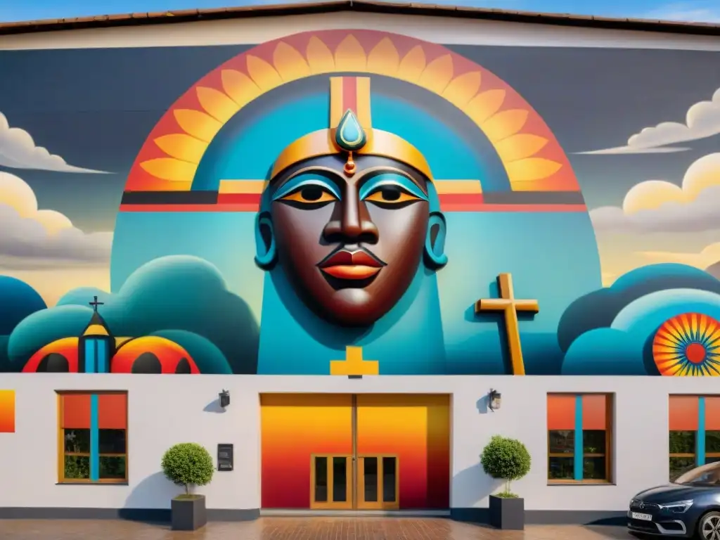 Vibrante mural en iglesia africana: sincretismo de símbolos tribales y fe cristiana, colores ricos y detallados