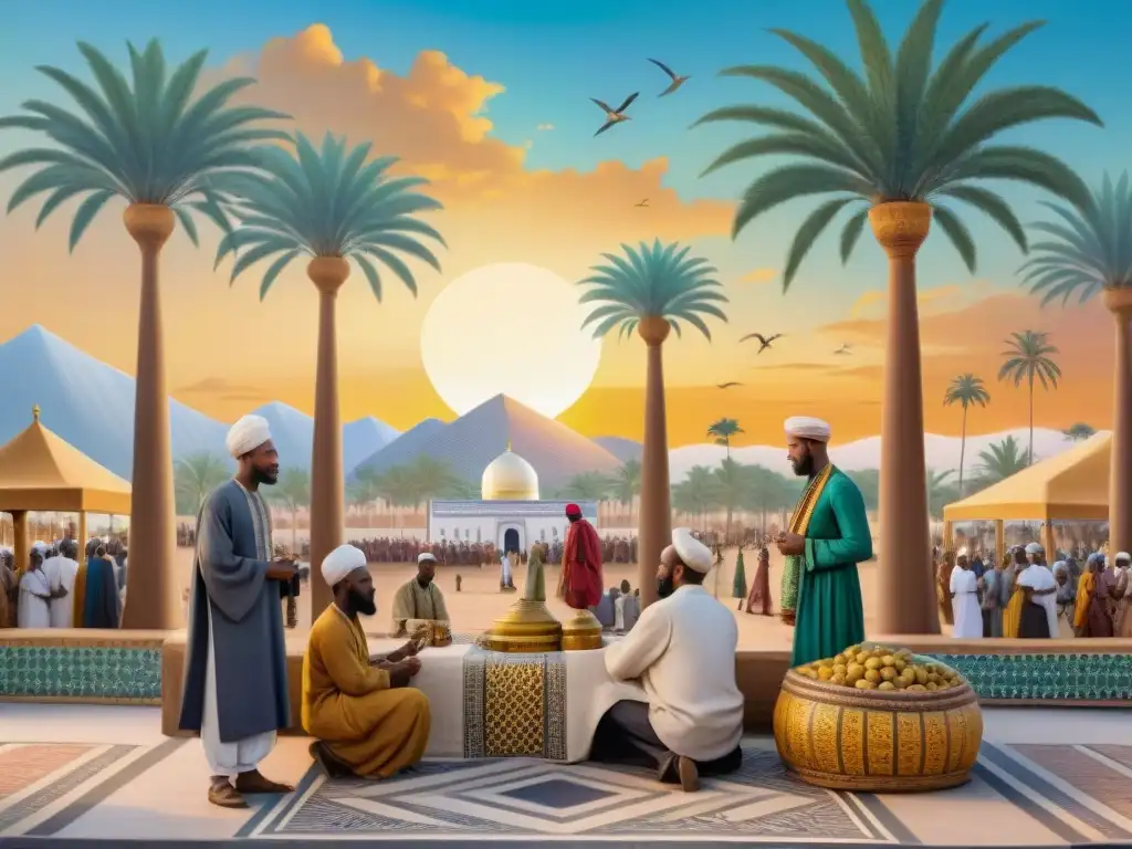 Un vibrante mural de mosaico que retrata un bullicioso mercado en una antigua ciudad africana, reflejando el legado del Islam en África