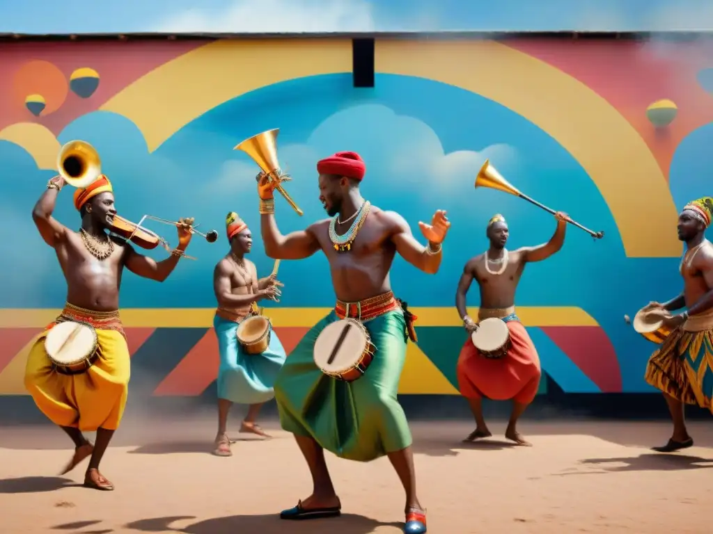 Vibrante mural de músicos y bailarines africanos en una bulliciosa plaza