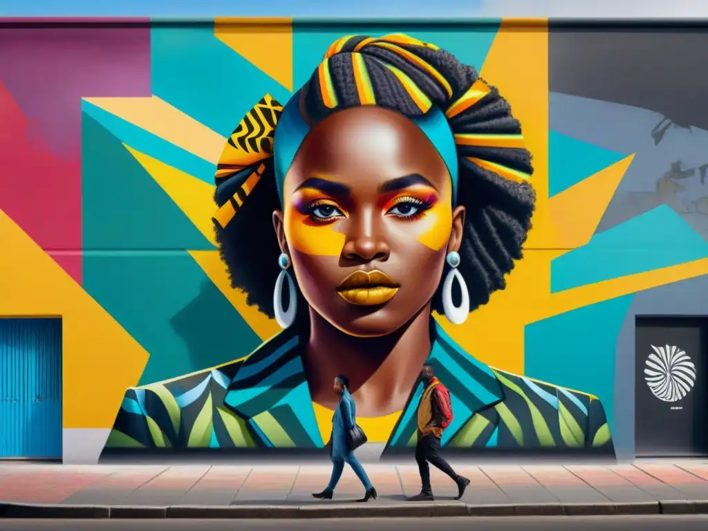 Un vibrante mural urbano con influencia del arte africano moderno en el centro de la ciudad