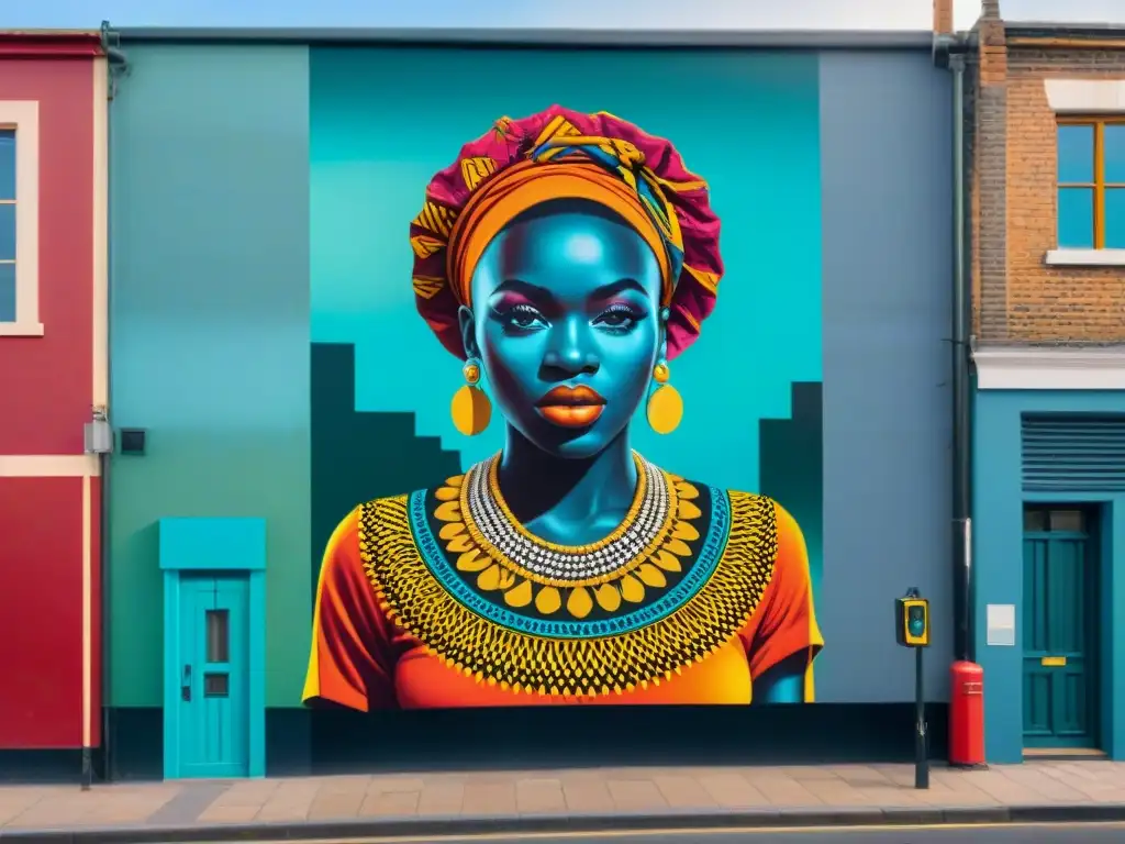 Vibrante mural urbano fusiona patrones africanos con elementos hiphop, reflejando la influencia de la música africana en jazz