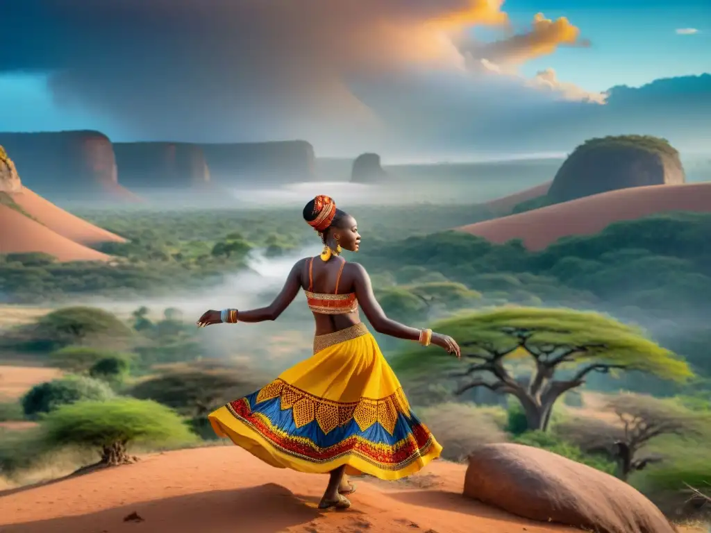 Vibrante obra de arte africano con patrones e intensas paletas de colores, mujeres danzando bajo el sol