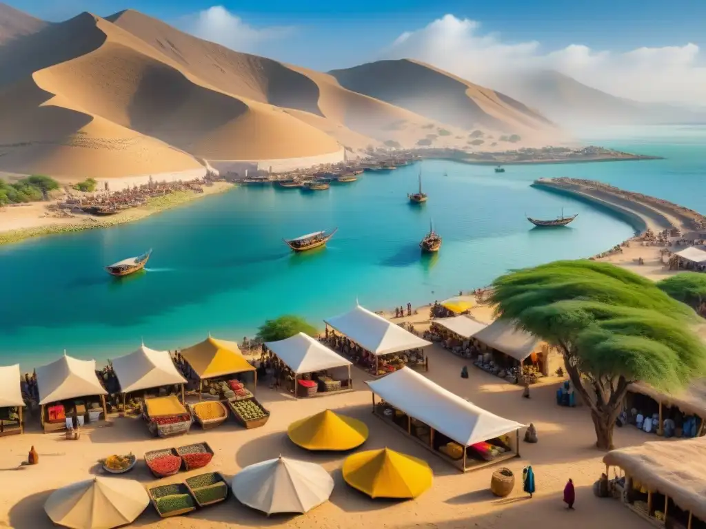 Un vibrante paisaje de la antigua ciudad portuaria de Adulis en el Cuerno de África, mostrando la influencia persa en el comercio y la cultura