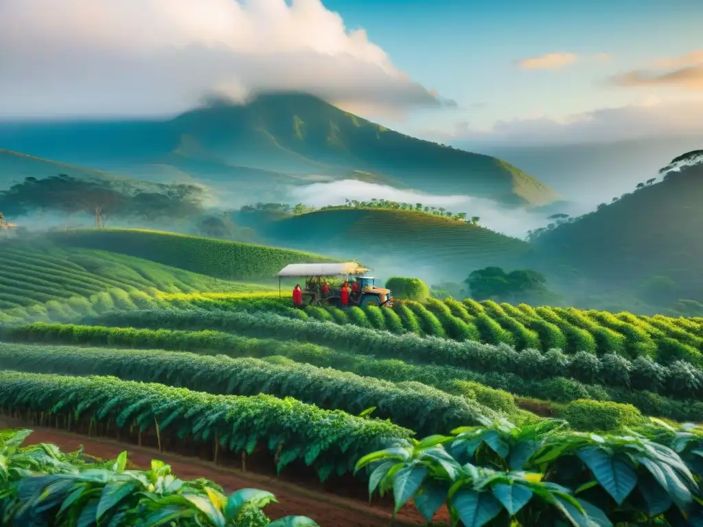 Plantación de café en África con vibrante paisaje y trabajadores locales