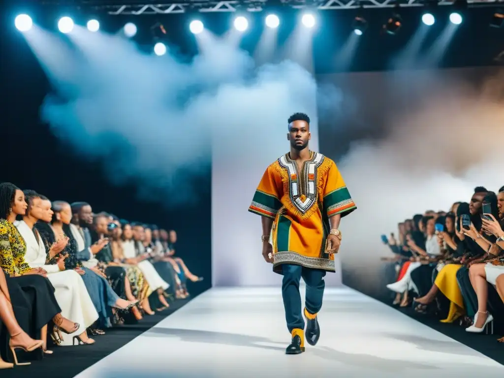 Una vibrante pasarela con modelos luciendo modernos Dashikis, en un desfile que fusiona la historia del dashiki como moda