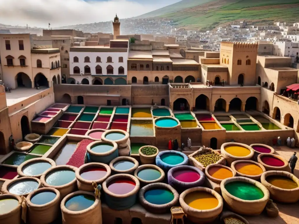 Vibrante proceso de teñido de cuero en las curtidurías de Fez, corazón cultural Marruecos