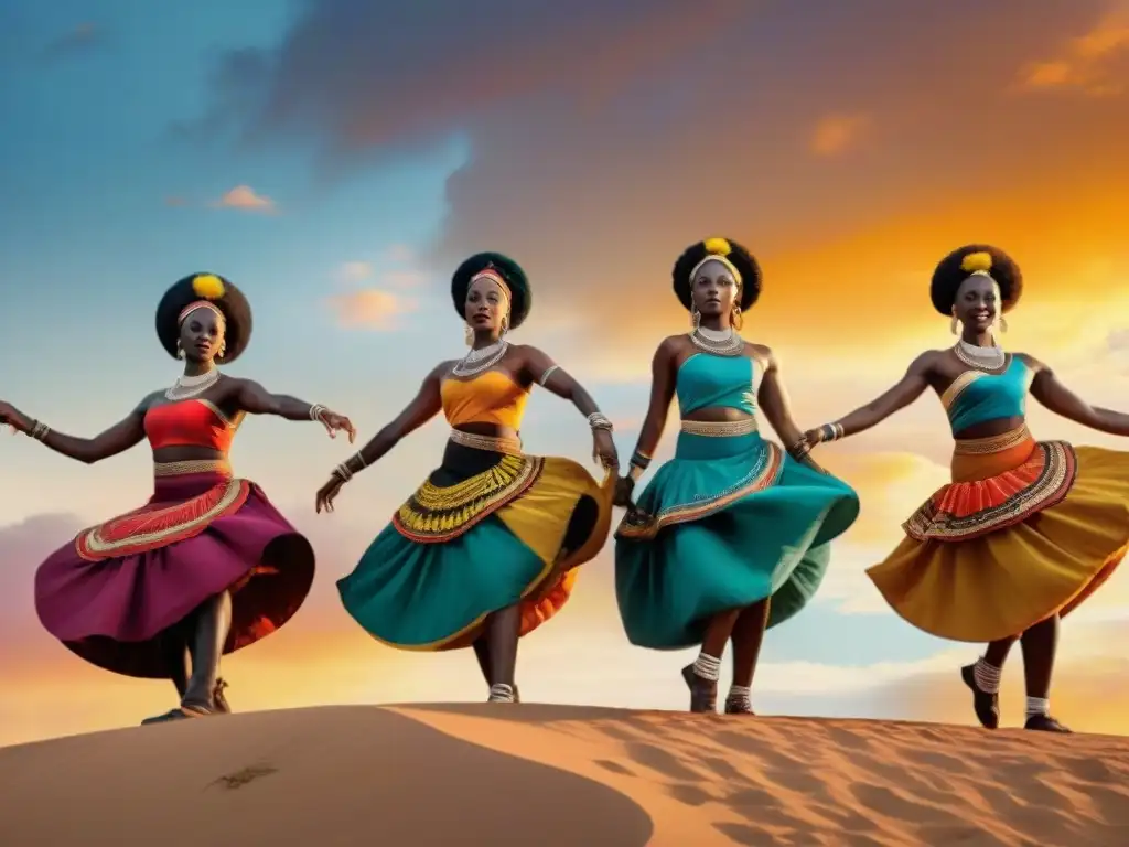 Un vibrante rescate de danzas africanas olvidadas: grupo de bailarines tradicionales en una rutina dinámica al atardecer africano