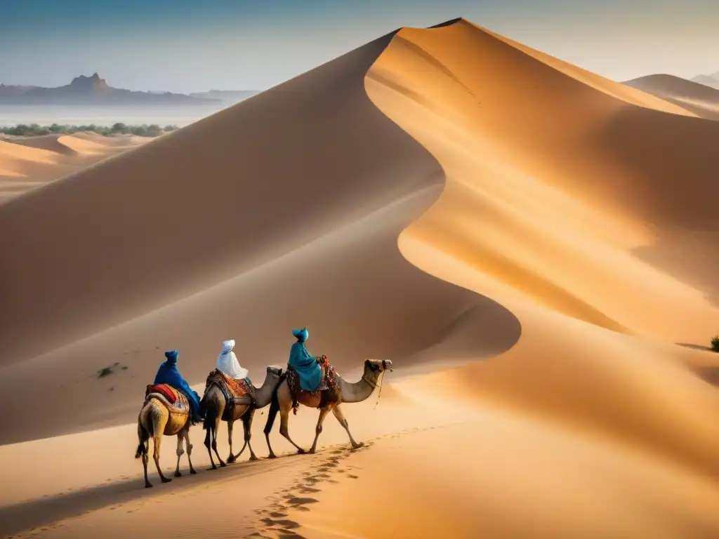 Un vibrante retrato de comerciantes Tuareg intercambiando artefactos en las dunas doradas del Sahara, reflejando el comercio transahariano en África