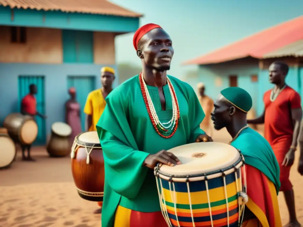 Un vibrante retrato documental de un grupo de senegaleses tocando apasionadamente tambores en un mercado bullicioso