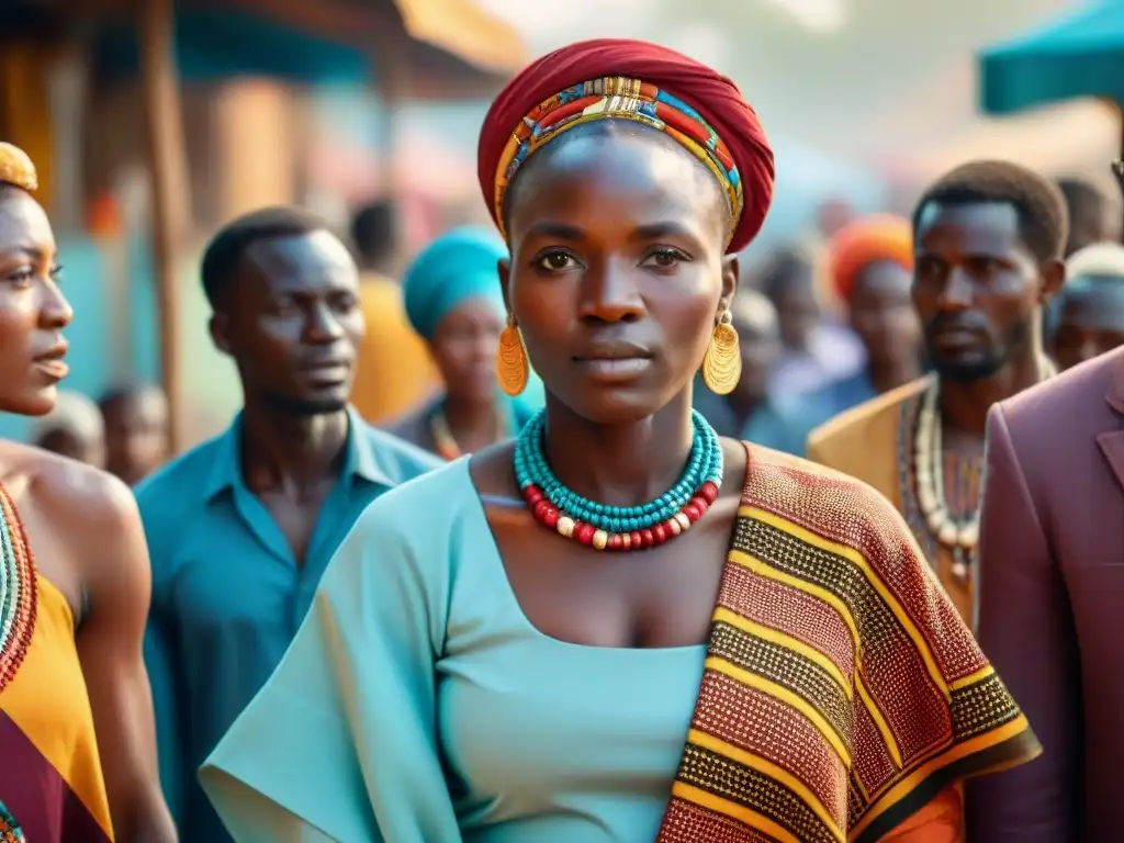 Un vibrante retrato de identidad y pertenencia en África con un grupo diverso usando trajes tradicionales en un bullicioso mercado