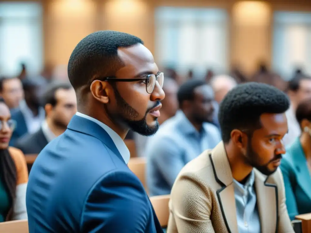 Una vibrante reunión de científicos y educadores de la diáspora africana intercambiando conocimientos, con una audiencia diversa atenta en el fondo