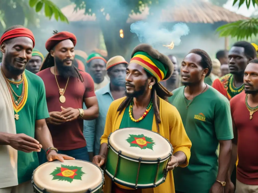 Vibrante reunión de la comunidad Rastafarí en Jamaica, con personas de todas las edades y vestimenta distintiva, celebrando la cultura y la religión