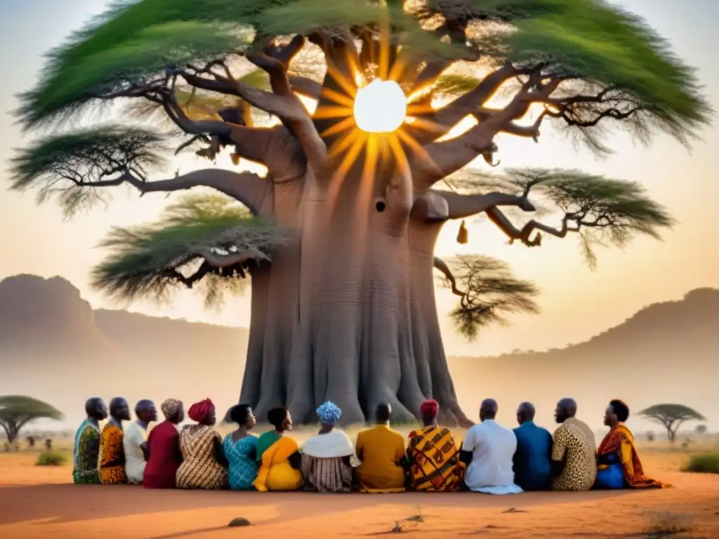 Una vibrante reunión de líderes africanos bajo un baobab, con atuendos tribales y paisaje sabana al atardecer