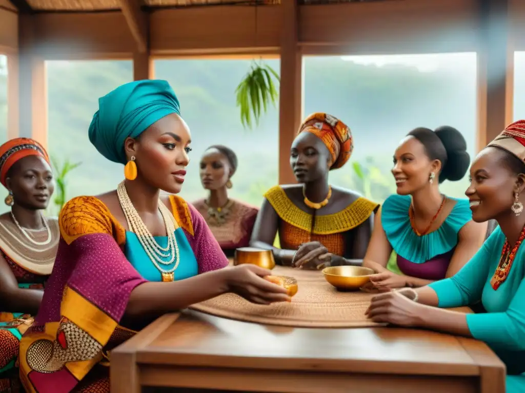 Mujeres africanas emprendedoras en vibrante reunión de negocios Vibrante reunión de Mujeres en redes comerciales africanas, compartiendo ideas y negocios en un luminoso espacio lleno de color y artesanía