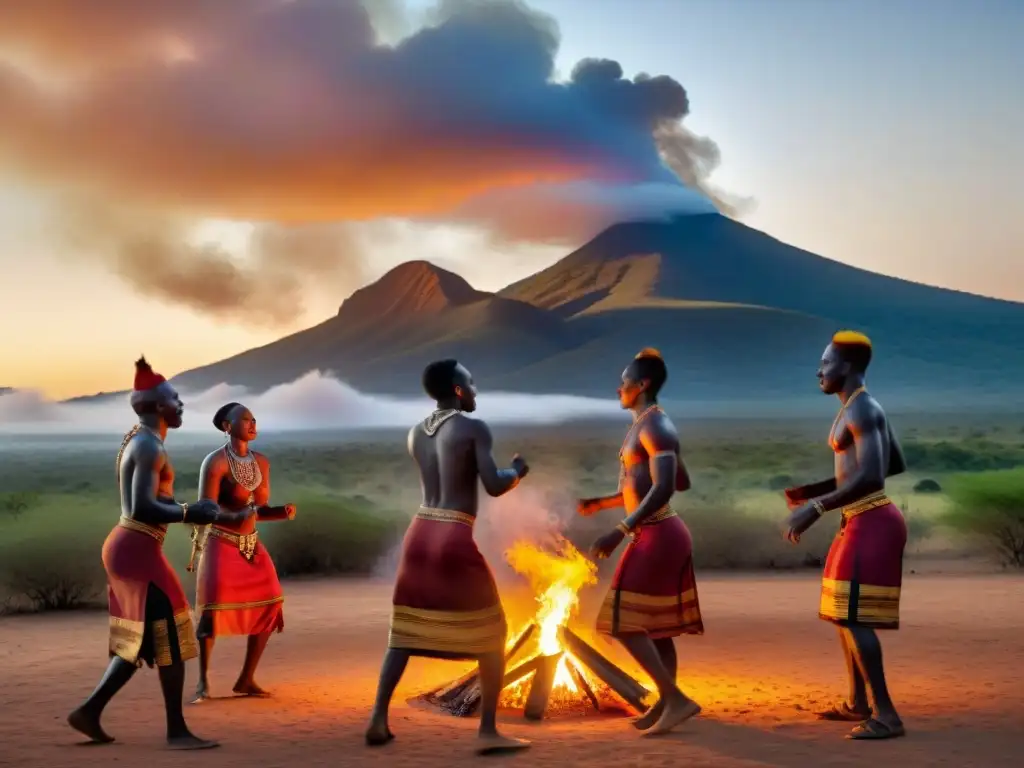 Vibrante ritual africano alrededor de una fogata, destacando el simbolismo del fuego en el arte africano