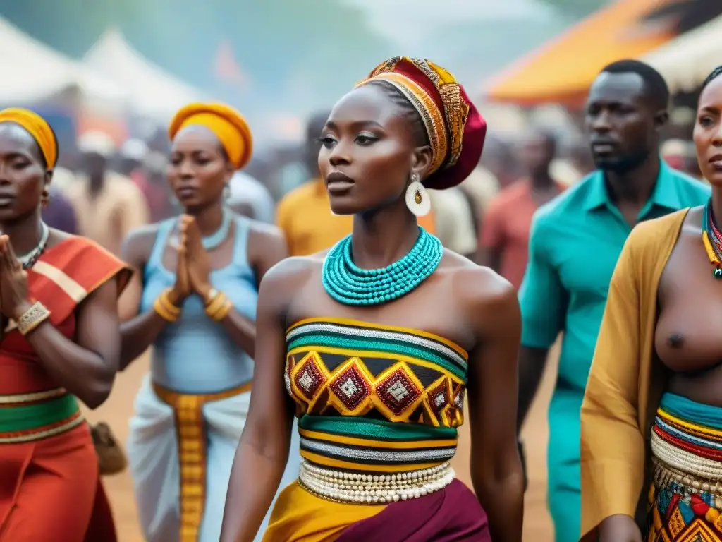 Un vibrante ritual africano con mujeres vestidas de Moda africana en rituales ceremonias, danzando en festival colorido