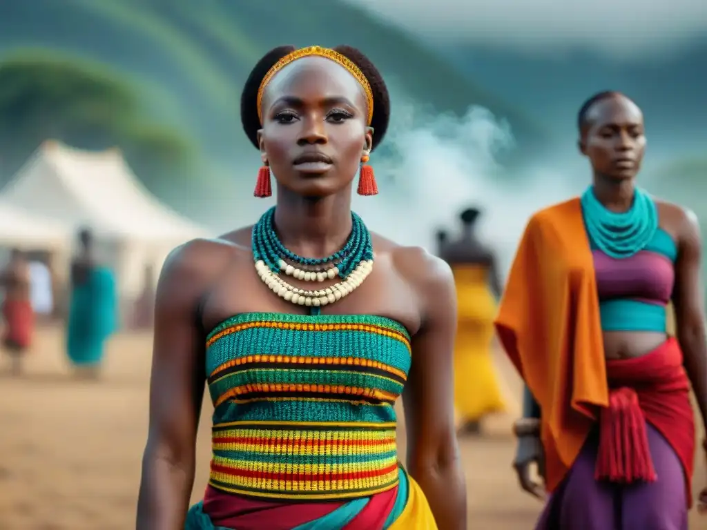 Colorida ceremonia africana: mujeres vestidas con símbolos culturales Un vibrante ritual africano: mujeres lucen trajes coloridos y simbólicos que representan su cultura